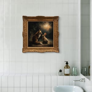 May include: A framed painting depicting a fox and a rabbit in a forest setting. The artwork features warm tones and is set in an ornate gold frame. The painting is mounted on a white tiled wall above a bathroom sink.