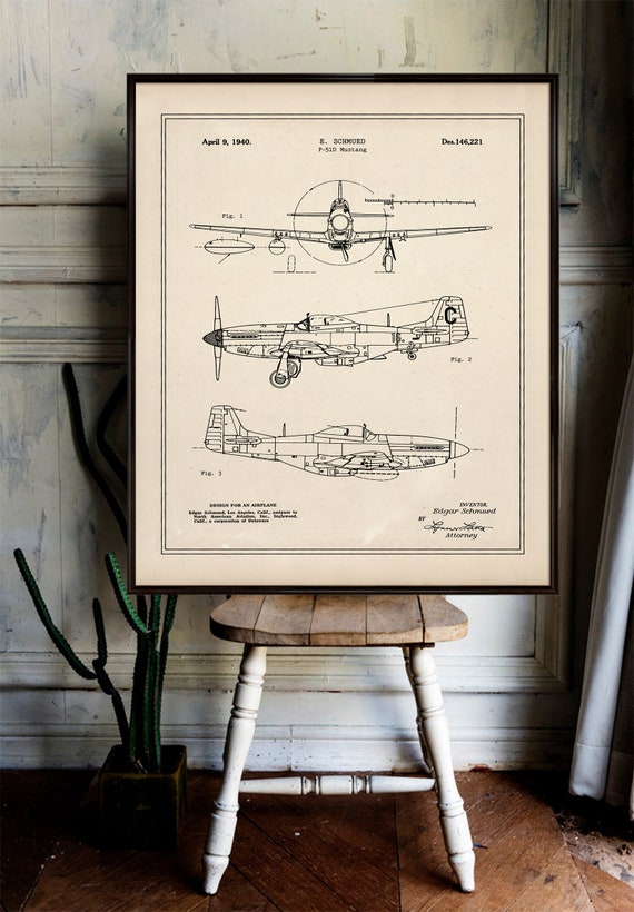 P-51 Mustang Patent Blueprint Print- Boyss/kid's Room Decor -WW2
