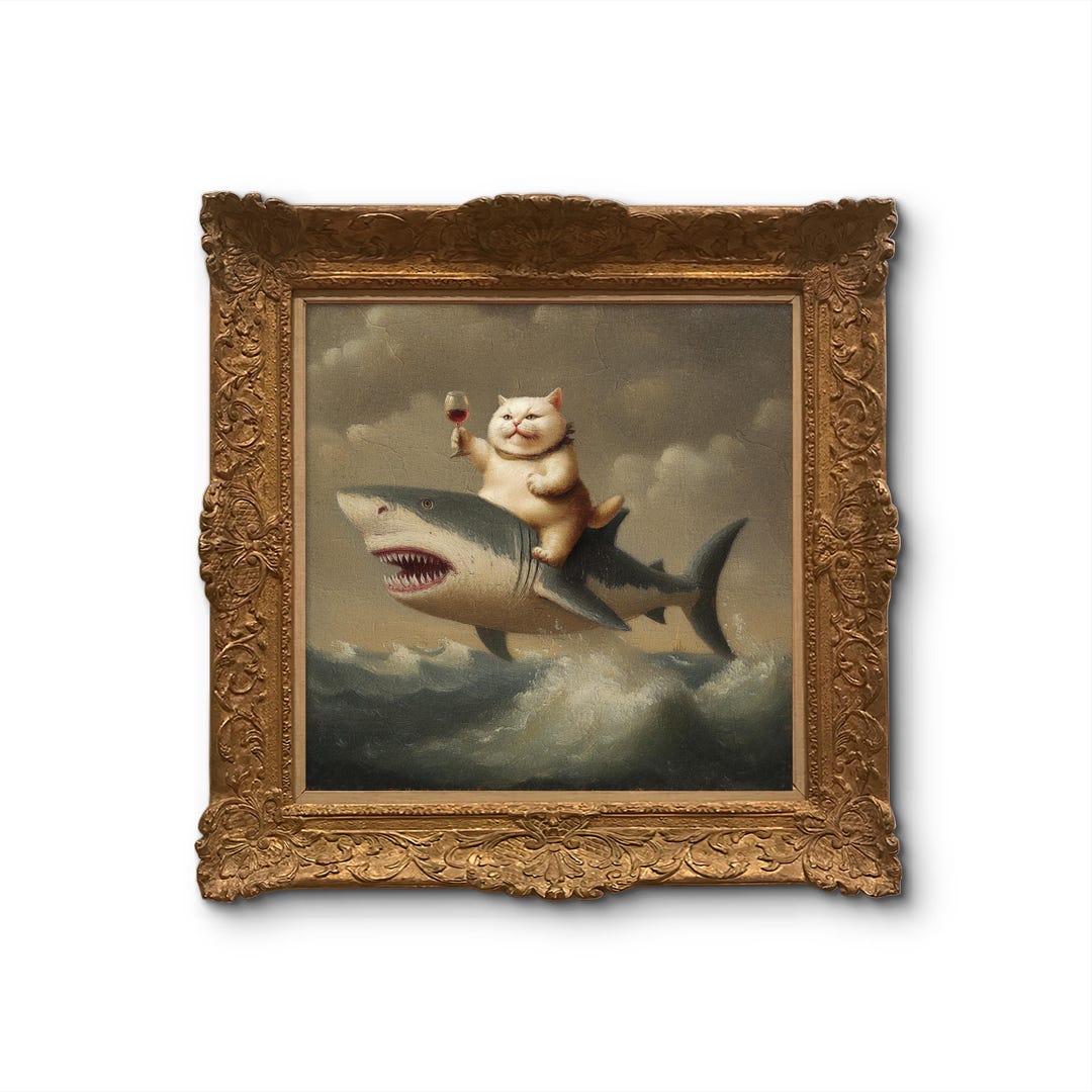 Surreal Cat Riding Shark Wall Art – Funny Vintage-style Painting With ...