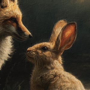 May include: A detailed painting depicts a fox and a rabbit in a close-up view. The fox, with reddish-brown fur, is positioned on the left, while the rabbit, with long ears, is on the right. The background is a dark, textured surface.