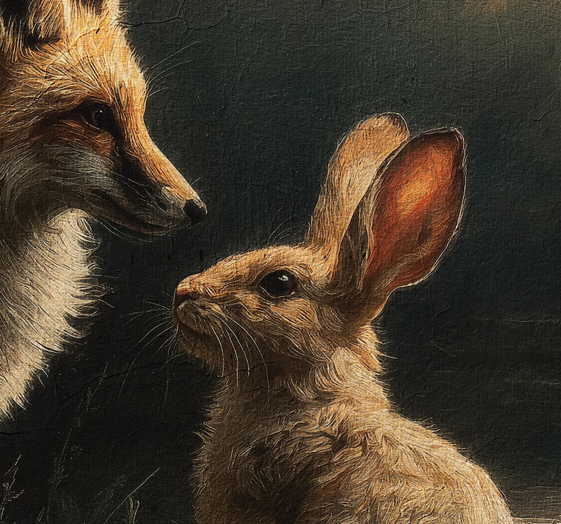 May include: A detailed painting depicts a fox and a rabbit in a close-up view. The fox, with reddish-brown fur, is positioned on the left, while the rabbit, with long ears, is on the right. The background is a dark, textured surface.
