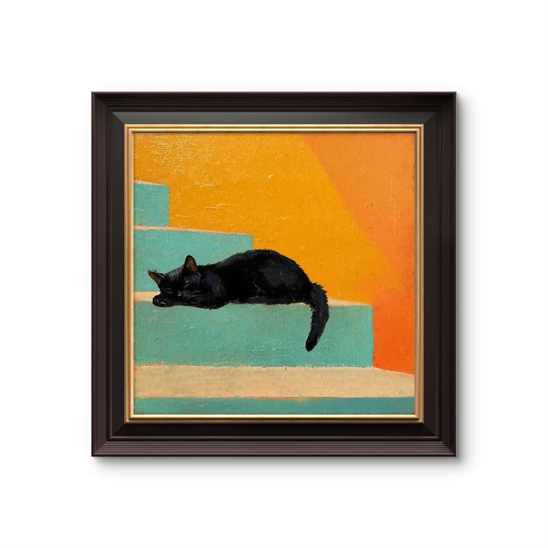 May include: A black cat naps on a set of teal and yellow stairs. The cat is curled up on the top step, with its tail hanging down the side. The stairs are painted in a bright, modern style.