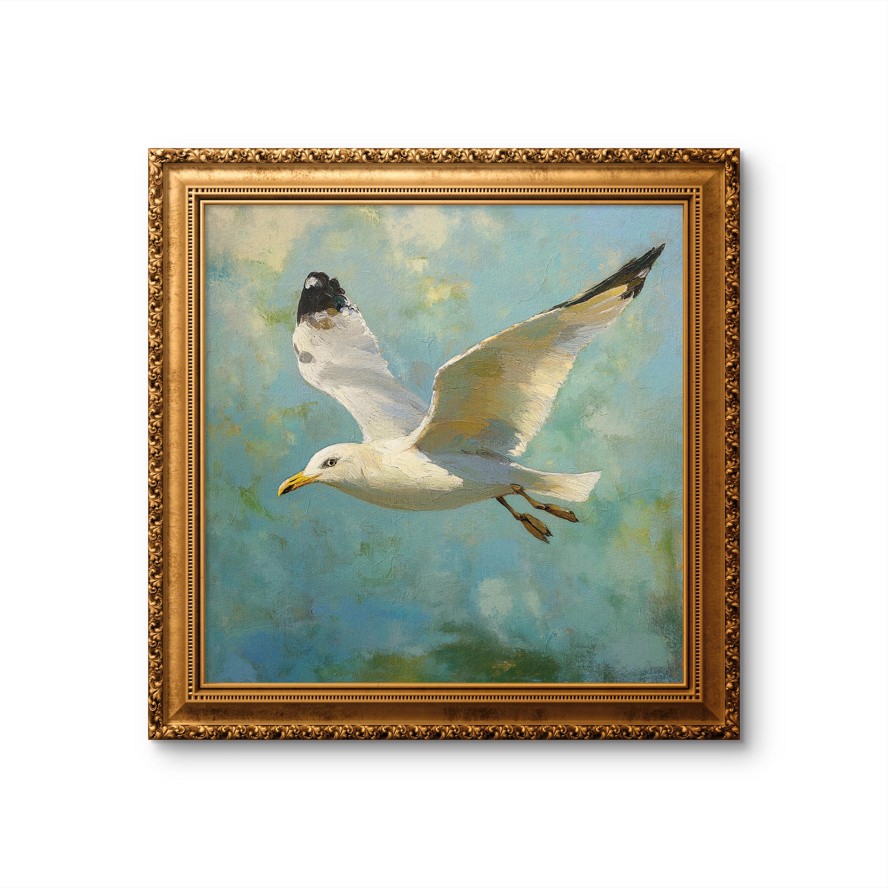 Flying Seagull Wall Art - Coastal Ocean Bird Oil Painting Print - Beach ...