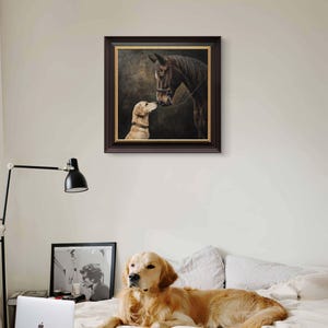 May include: A framed painting of a brown horse and a golden retriever dog looking at each other. The horse is wearing a bridle and the dog is looking up at the horse. The painting is set against a dark background.