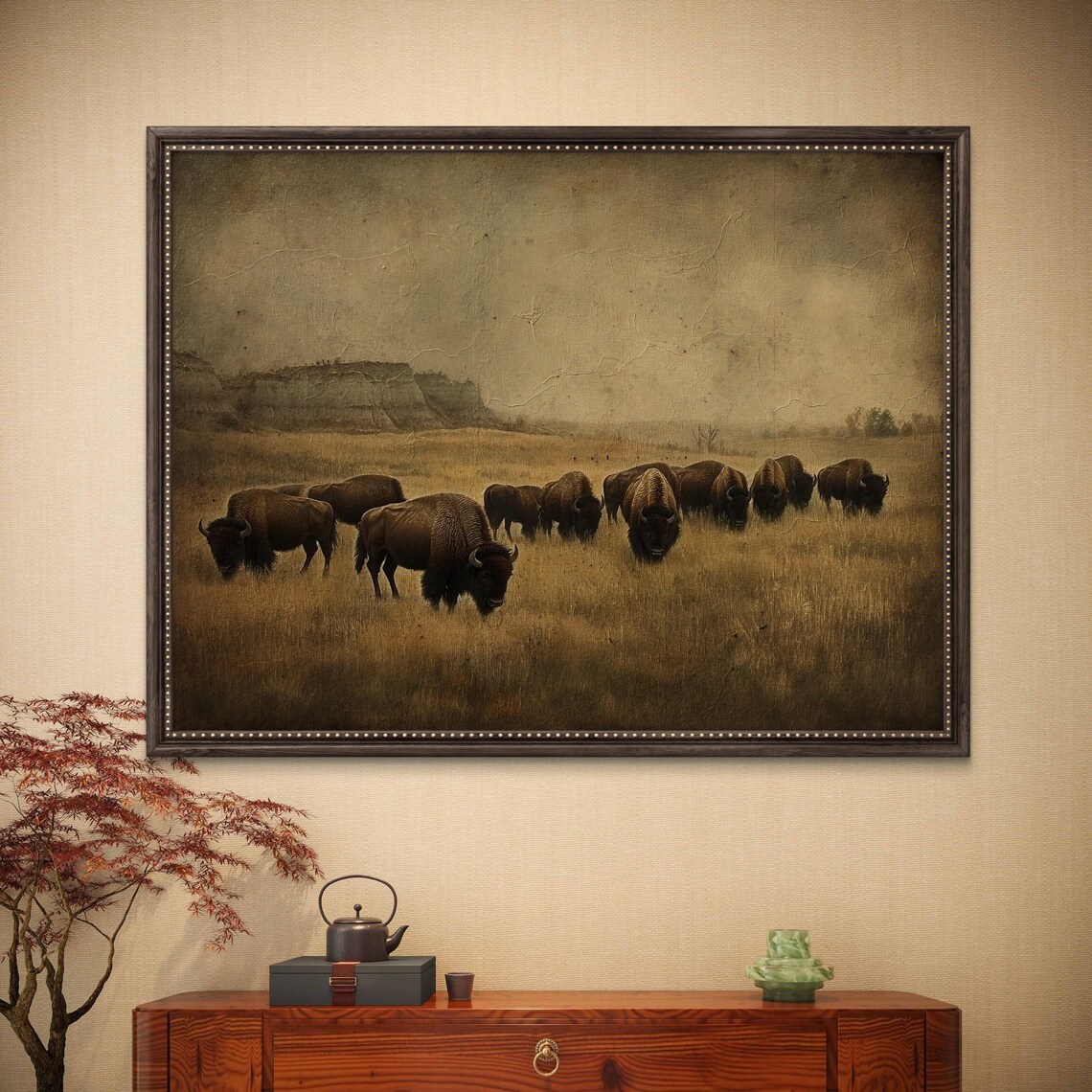 Vintage-style Bison Wall Art – Western Buffalo Herd Landscape Print ...