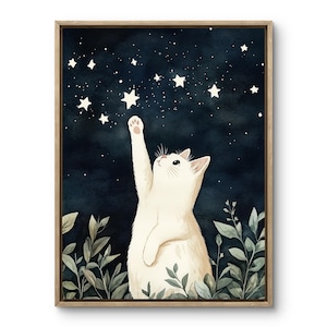 Cat Reaching for Stars Print - Whimsical Night Sky Art - Nursery Wall Decor - 5 sizes up to 18x24&quot; - sold unframed only #243