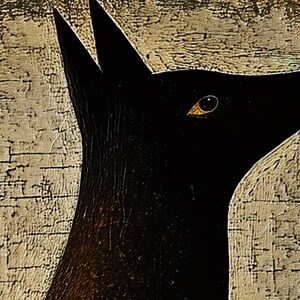 K&ouml;nnte beinhalten: Eine schwarze Silhouette eines Hundekopfes mit einem sichtbaren Auge vor einem strukturierten, beigefarbenen Hintergrund.