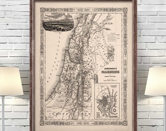 1864 Map of Palestine reprint - Holy Land decor - 4 sizes up to 48"x36"- monochrome sandy beige or blue - sold unframed only - see listing