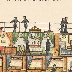 Pode incluir: Uma ilustra&ccedil;&atilde;o vintage do interior e exterior de um navio chamado H.M.S. Canopus. A ilustra&ccedil;&atilde;o mostra uma sala de jantar com uma mesa posta para uma refei&ccedil;&atilde;o, um quarto com uma cama e uma c&ocirc;moda, e um conv&eacute;s com pessoas em p&eacute; nele.
