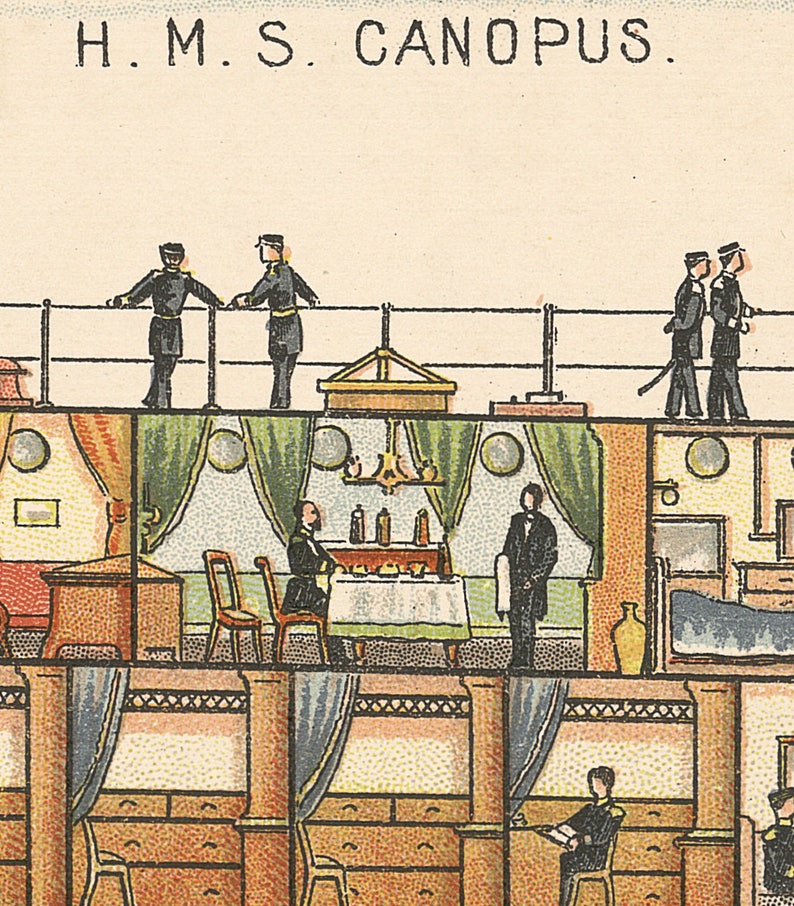 Pode incluir: Uma ilustra&ccedil;&atilde;o vintage do interior e exterior de um navio chamado H.M.S. Canopus. A ilustra&ccedil;&atilde;o mostra uma sala de jantar com uma mesa posta para uma refei&ccedil;&atilde;o, um quarto com uma cama e uma c&ocirc;moda, e um conv&eacute;s com pessoas em p&eacute; nele.