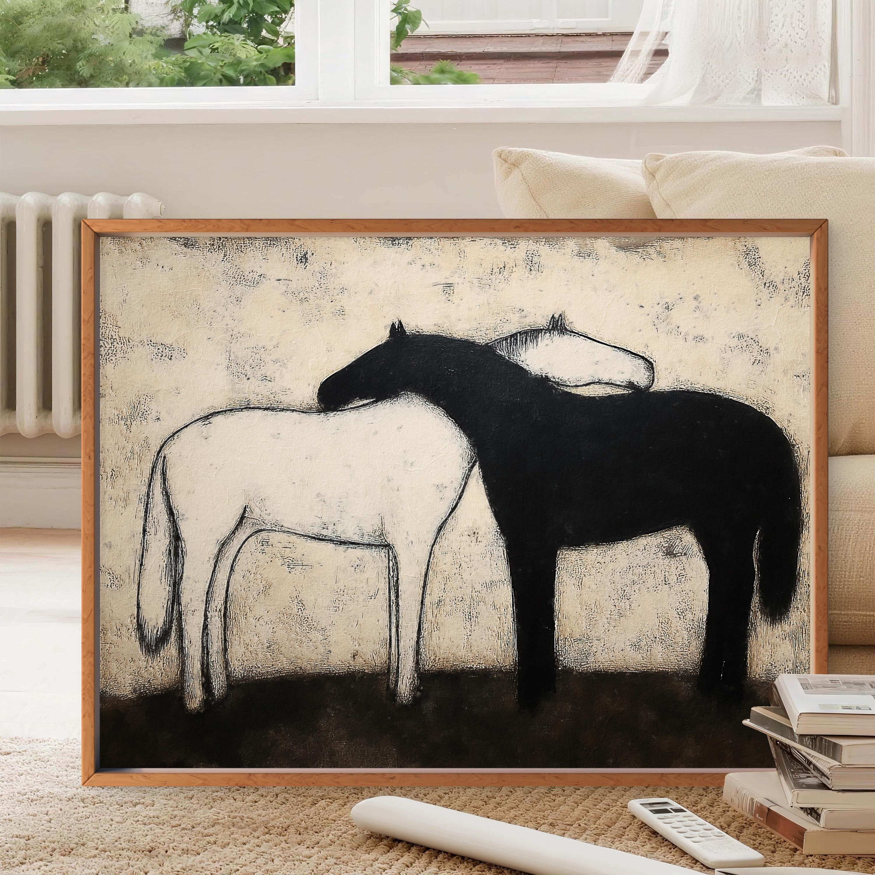 Black and White Horses Art Print – Minimalist Abstract Horse Painting ...