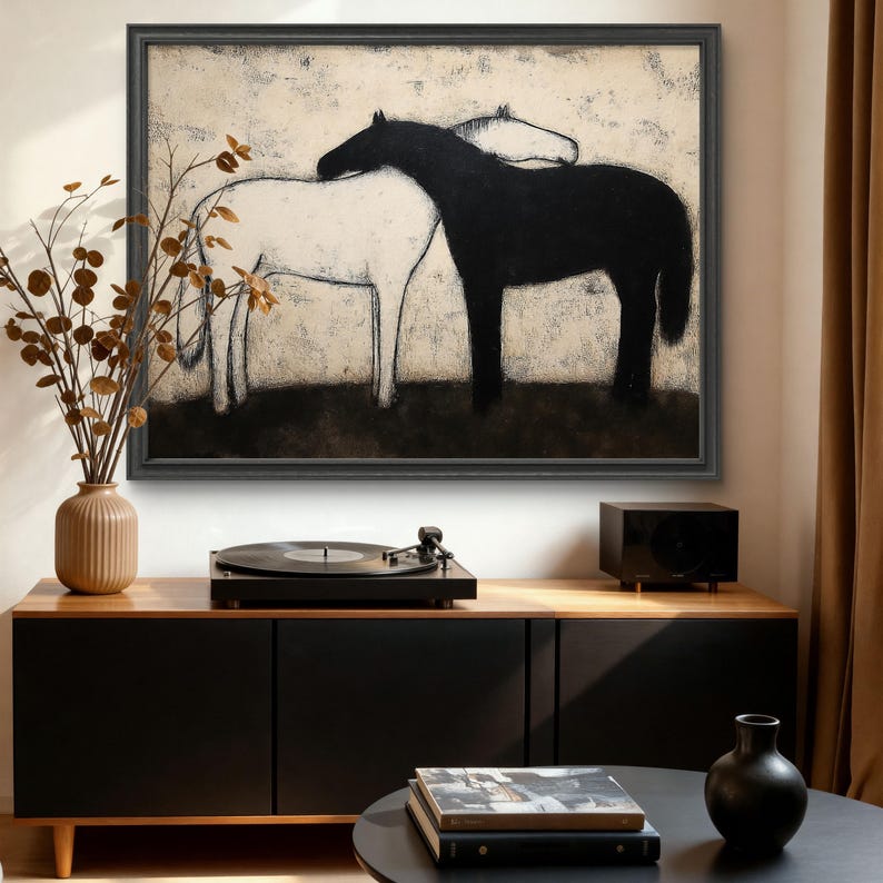 Black and White Horses Art Print – Minimalist Abstract Horse Painting ...