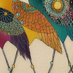 May include: Close-up of a colorful illustration featuring bird wings in shades of orange, teal, purple, and yellow. The wings have intricate patterns and textures, with beaded strings hanging below. The artwork has a vintage, artistic style.