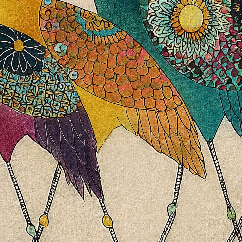 May include: Close-up of a colorful illustration featuring bird wings in shades of orange, teal, purple, and yellow. The wings have intricate patterns and textures, with beaded strings hanging below. The artwork has a vintage, artistic style.