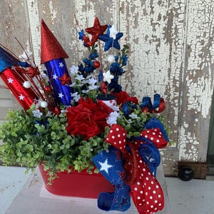 Patriotic Floral Centerpiece: Americana Table Decor with Red Container