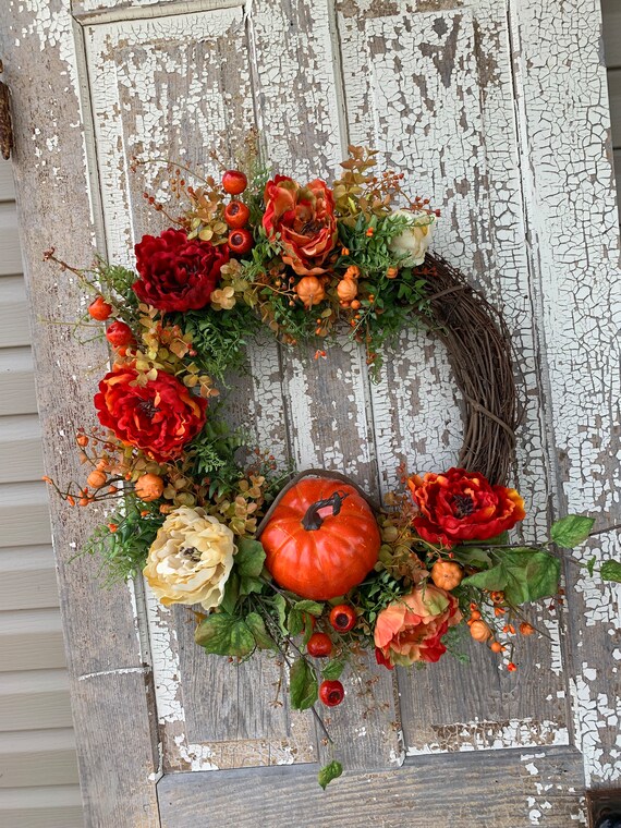 Pumpkin Peony Fall Wreath, Front Door Autumn Decor - Etsy