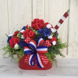 Patriotic Floral Table Centerpiece: Americana Red, White & Blue Decor