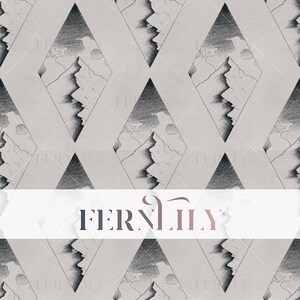 May include: A seamless pattern featuring a black and white illustration of a mountain range inside a diamond shape. The background is a light gray.