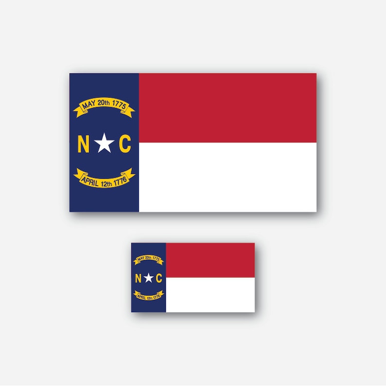 May include: The North Carolina state flag features a red and white horizontal design with a blue triangle in the upper left corner. The triangle contains a white star and the letters "N*C" in gold. The text "MAY 20th 1775" and "APRIL 12th 1776" are written in gold on a yellow ribbon.