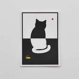 May include: Black and white silhouette of a cat sitting on a black and white background. A small yellow object is in the bottom left corner.