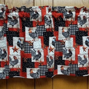 Burgundy Black Roosters patch window Valance