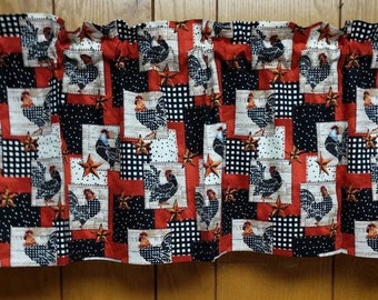 Burgundy Black Roosters patch window Valance