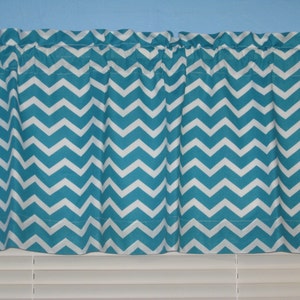 White  Teal Chevron Zigzag Striped LINED 100% Cotton  Window Curtain Valance
