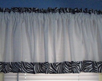 LINED Handmade SOLID White With 2" Wide black White Zebra Print Window Curtain Valance