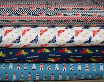 Nascar Believe in Wonder Light House Blue white red 100% Cotton Material