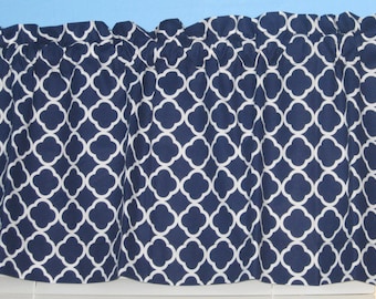 60" x 16" NAVY WHITE Quatrefoil Handmade Cotton Window Curtain VALANCE