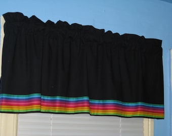 Handmade  Cotton BLACK  with RAINBOW Trim Window Curtain Valance Topper