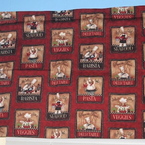 May include: Red fabric with a repeating pattern of chefs in different poses. Each chef is holding a different food item and has a label with a food category, such as "Seafood", "Veggies", "Pasta", and "Barista".