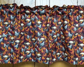 Black Burgundy White Roosters Chickens Window Valance Curatin