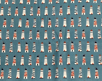 Blue Light House 100% Black White Cotton Fabric by the yard fat quarter