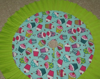 Colorful Cupcake With Lime Green Trim CHRISTMAS Tree SKIRT