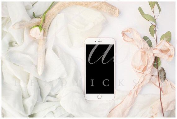 Rose Gold Iphone Business Mockup With Pastel Silk Roses