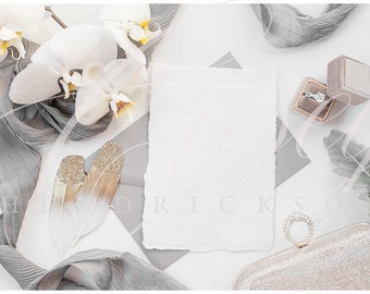 Download Free Gray, Gold, White deckled edge stationery mockup for wedding stock photo with orchids PSD Template