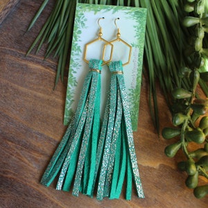 Spring Break Tassel Earrings / Leather Tassel Earrings / Green Leather Fringe / Glitter Tassels / Fringe Earrings