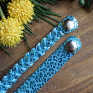 Turquoise Leopard Braided Leather Bracelet / Leopard Print Leather Braid / Metallic Leather / Three-Strand Bracelet