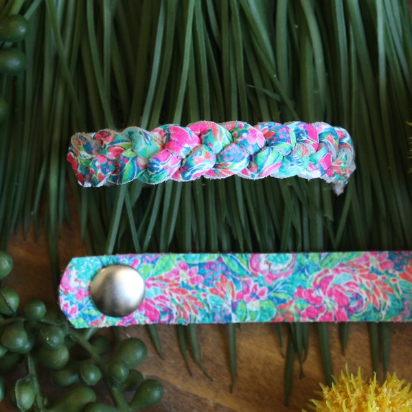 Happy Hibiscus / Tropical Floral Leather Braid or Cuff / Leather Bracelet  / Leather Stacking Bracelet /Flower Print Bracelet