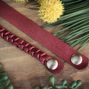 Bordeaux Braided Leather Bracelet / Leather Braid / Red Metallic Leather / Three-Strand Bracelet