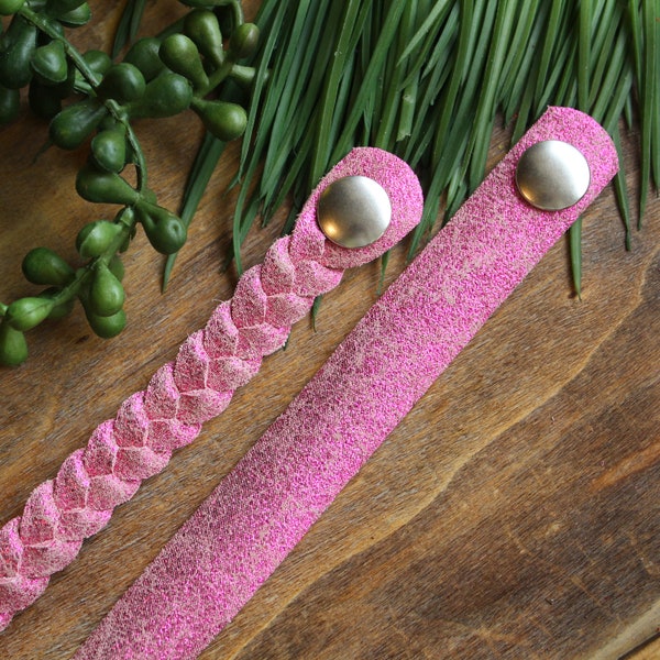 Pink Sugar Braided Leather Bracelet / Leather Braid / Sparkle Leather / Three-Strand Bracelet