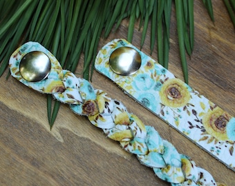 Sunflower Farm Leather Braid or Cuff / Floral Leather Bracelet  / Leather Stacking Bracelet / Yellow Flower Print Bracelet
