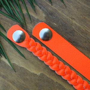 Neon Orange Braided Leather Bracelet / Leather Braid / Green Bracelet / Hi Vis