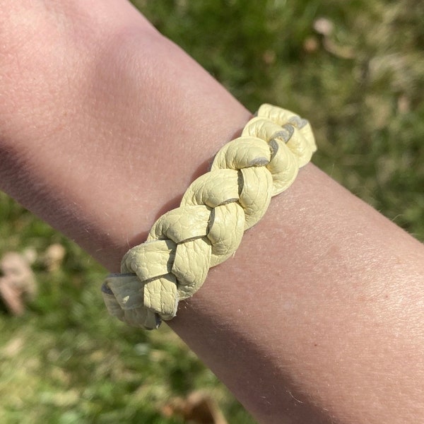 Daffodil Yellow Braided Leather Bracelet / Leather Braid / Pastel Yellow Leather / Three-Strand Leather Bracelet