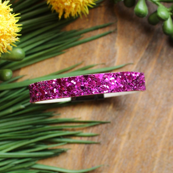 Mega Magenta Pink Glitter Midi Stacker / Pink Glitter Leather Bangle / 10mm Magnetic Clasp Stacking Bracelet