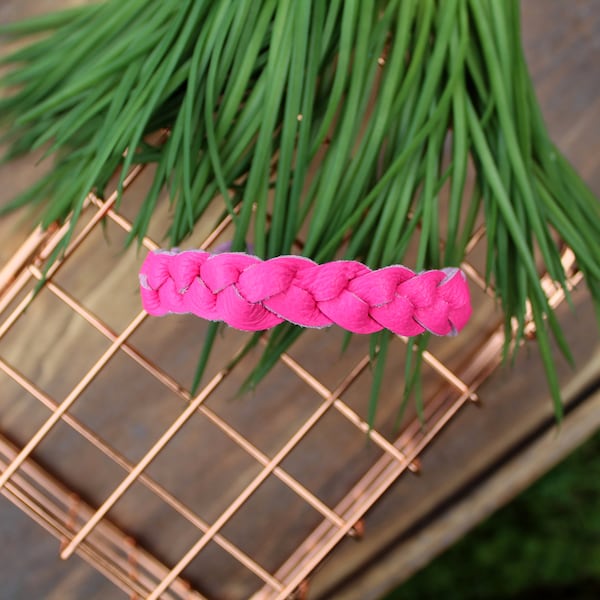 Neon Pink Braided Leather Bracelet / Leather Braid / Pink Bracelet / Hot Pink Jewelry / Hi Vis