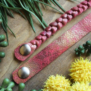 Honeycrisp Braided Leather Bracelet / Leather Braid / Red Metallic Leather / Three-Strand Bracelet