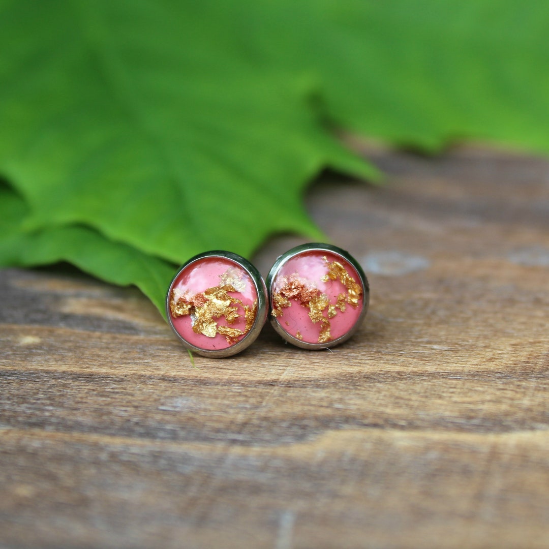 Resin Stud Earrings / 'primrose' Earrings / Gold Flake Pink Resin Stud