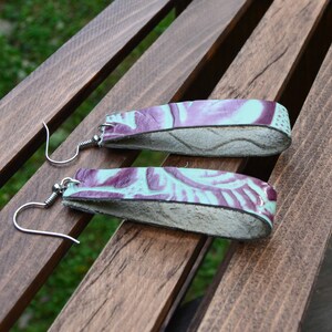 Leather Loop Earrings / Leather Jewelry / Multi-Colored Scroll Leather Earrings / Floral Printed Leather / Leather Slice Dangle Earrings